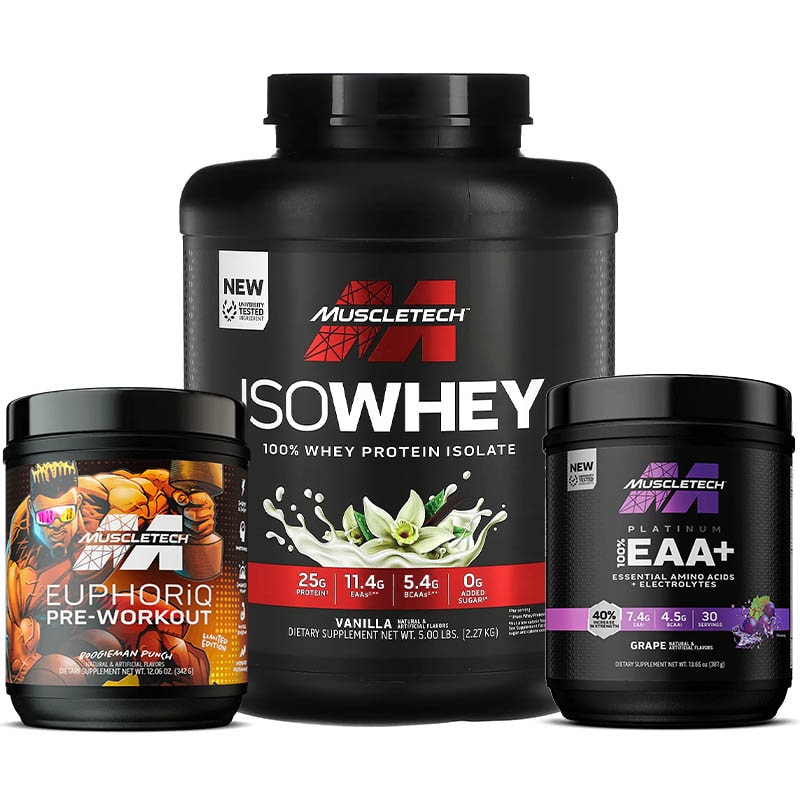 پکیج پیشرفته عضله‌سازی ماسل تک (پروتئین ایزو وی+آمینو EAA پلاتینیوم+پمپ قدرتمند Euphoriq لیمیتد ادیشن)